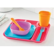 Your Zone 24 Piece Plastic Dinnerware Set for Kids with 4 each Trays, Bowls, Plates, Cups, Forks, Spoons in Bright Pink, Teal, Purple, Orange