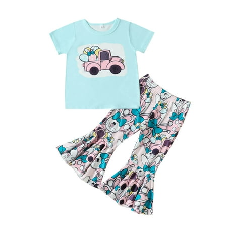 

Summer Savings Clearance! PEZHADA Summer Baby and Toddler Girls Casual Suit Easter Fashion Cute Sweet Print Ruffles Flared Pants Hairband Suit Three Piece Sets Sky Blue