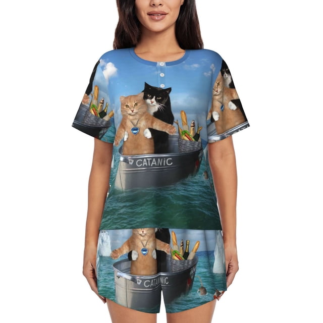 Fotbe Two Brave Cats Are Floating On The Sea Iceberg Conjunto de Pijama Estampado para Mujer, 2 Piezas, Ropa de Dormir con Camiseta de Manga Corta y Shorts Suaves-X-Large