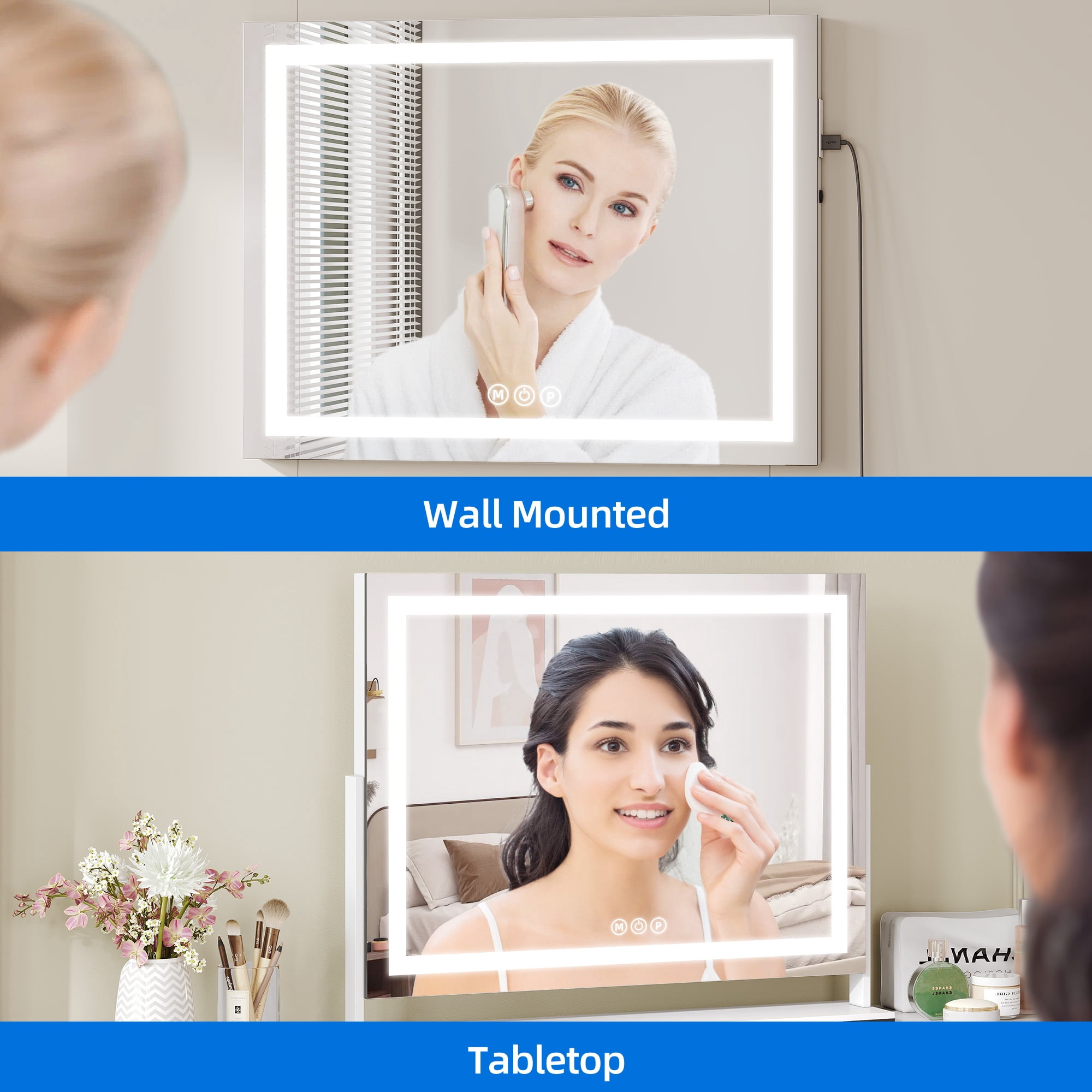 Dextrus Vanity Mirror with Lights, 24.6" x 22.8" LED Makeup Mirror with USB Ports & 10X Magnification, 3 Color Lights Touch Control, Tabletop or Wall Mount , 360°Rotation