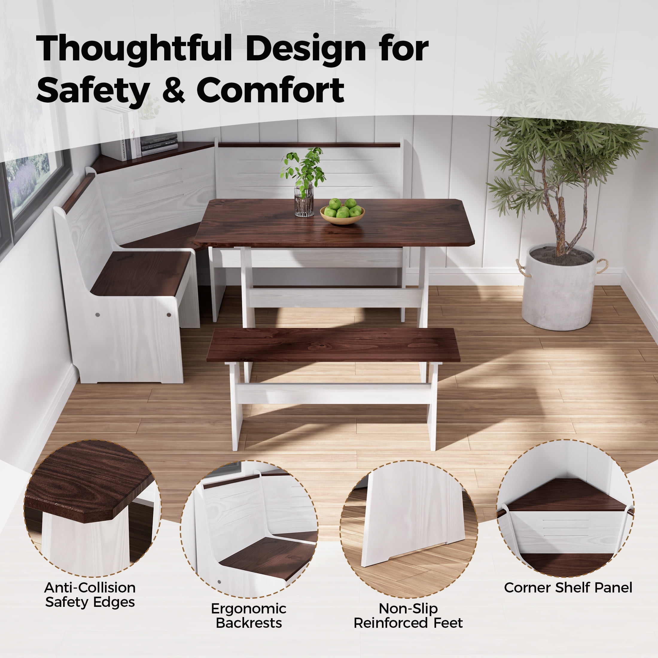 Breakfast Nook Kitchen Corner Dining Table Set, Nook Table Dining Room Sets for 3-5 with Bench, Farmhouse Corner Banquette Seating, White/Brown