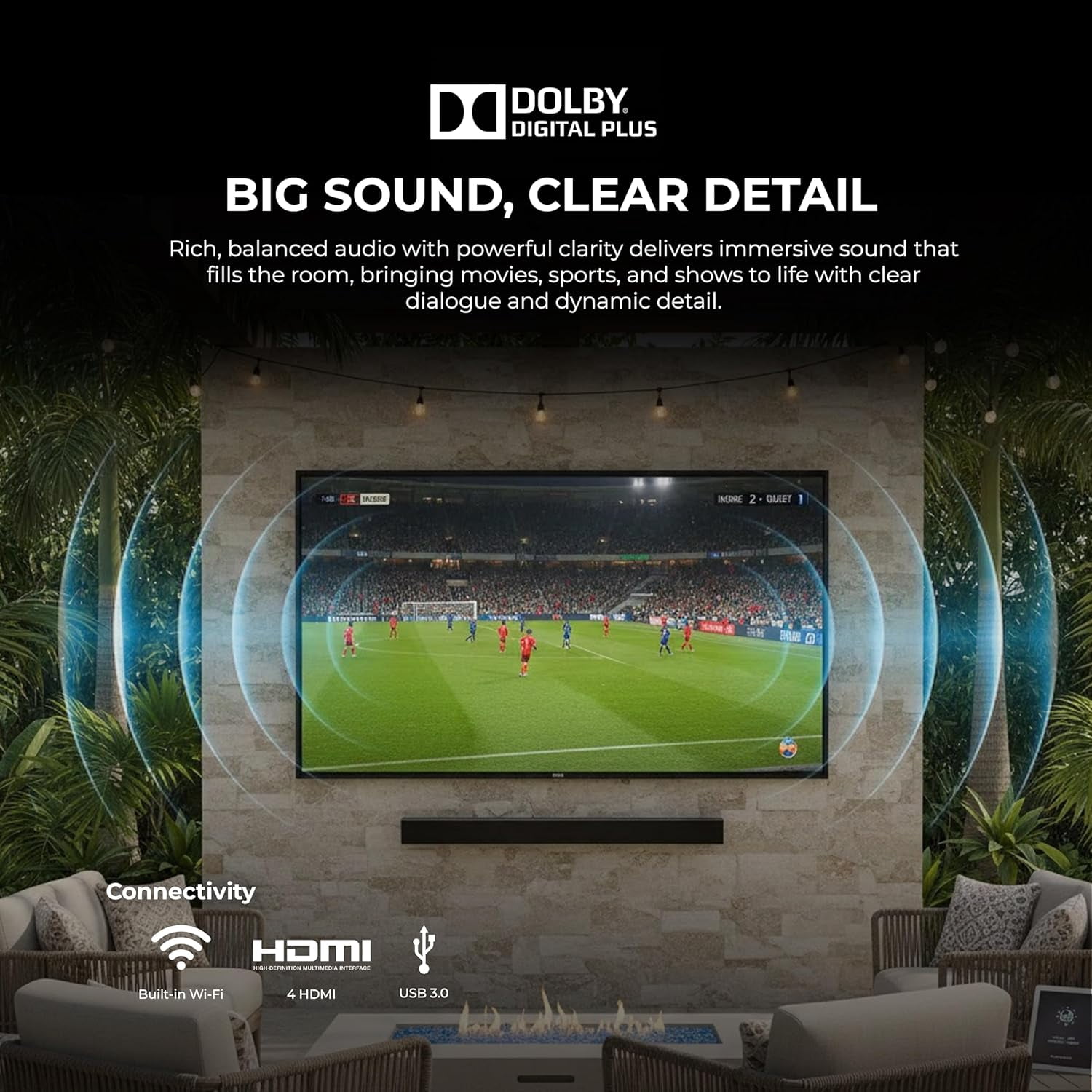 Titan S100 QLED 85 Inch Outdoor TV, Covered Patio, IP65 Smart Weatherproof TV, 4K HDR, 60 Hz, Tizen AI OS, 800 Nits, Wi-Fi 5, HDR10+, Outdoor TV Cover, Slim Bezel, 2 Yr Wty