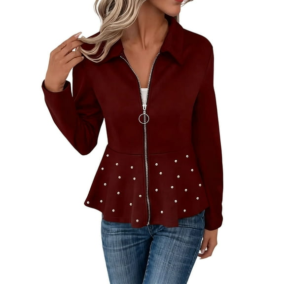 Women's Pearls Decor Suit Jackets Elegant Long Sleeve Blazers Peplum Slim Fitted Zip Up Outerwear