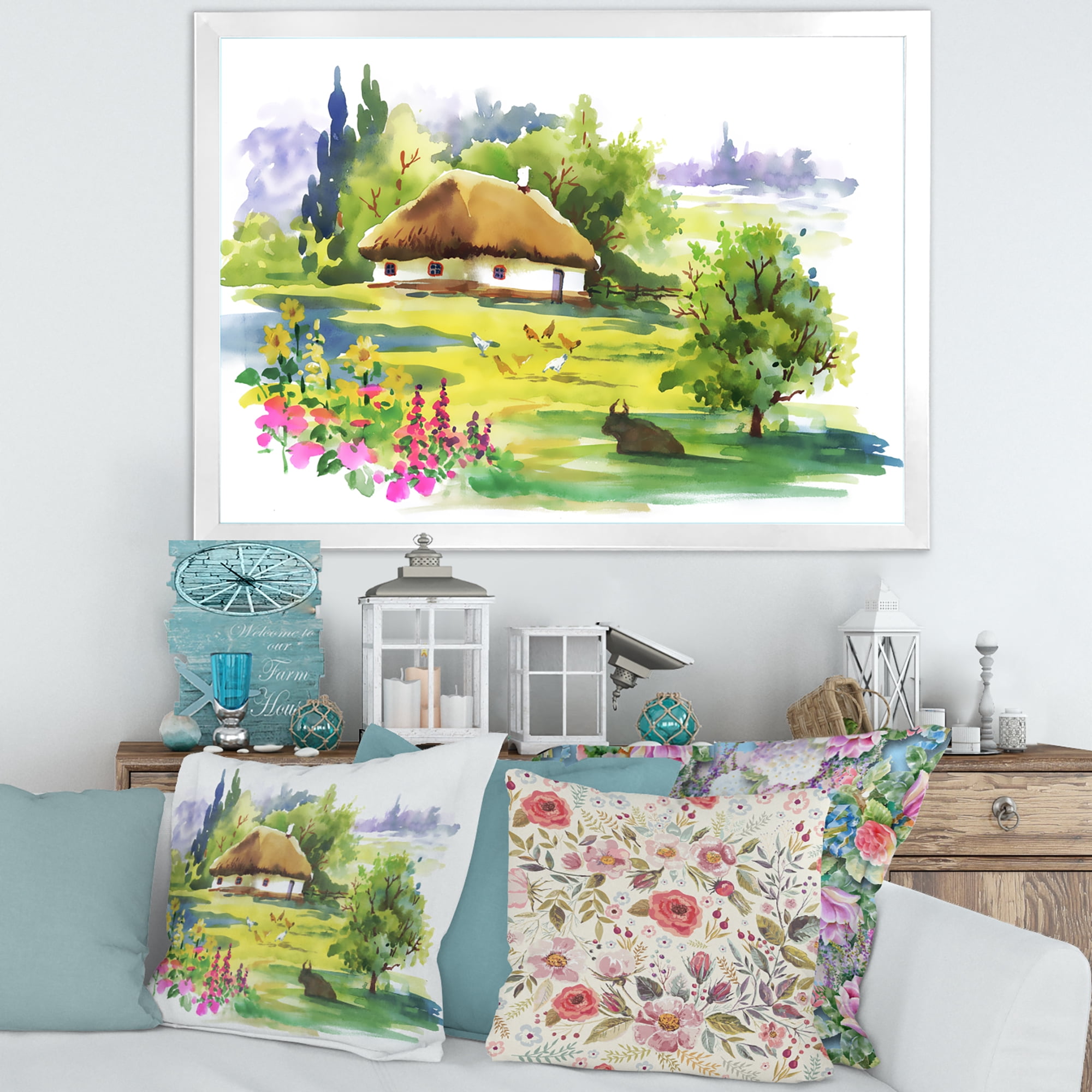 Designart 'Blossoming Greenlands And A Rural House' Traditional Framed Art Print