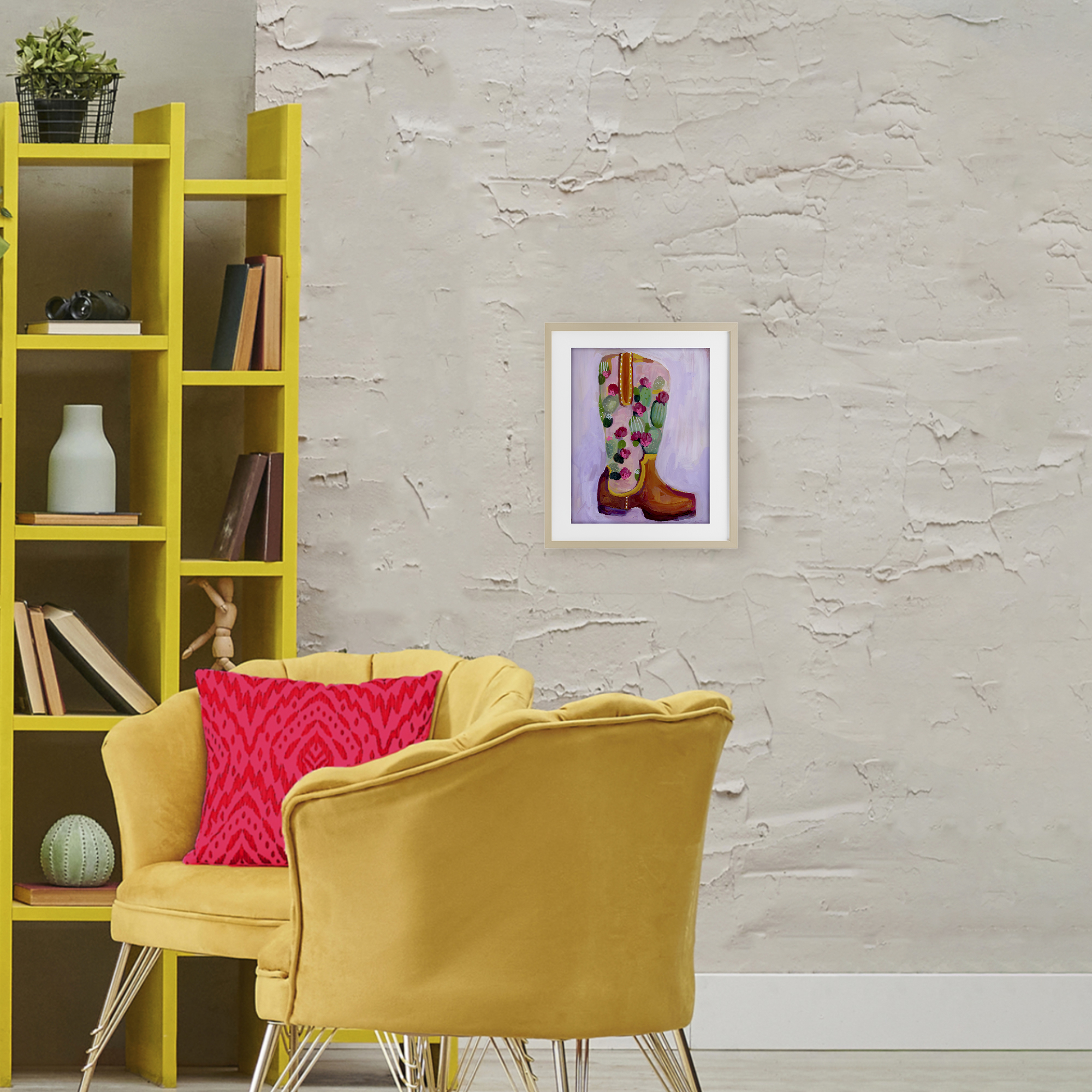Desert Day Dream Boots Birch Framed Print Under Glass, design by Ashley Davis