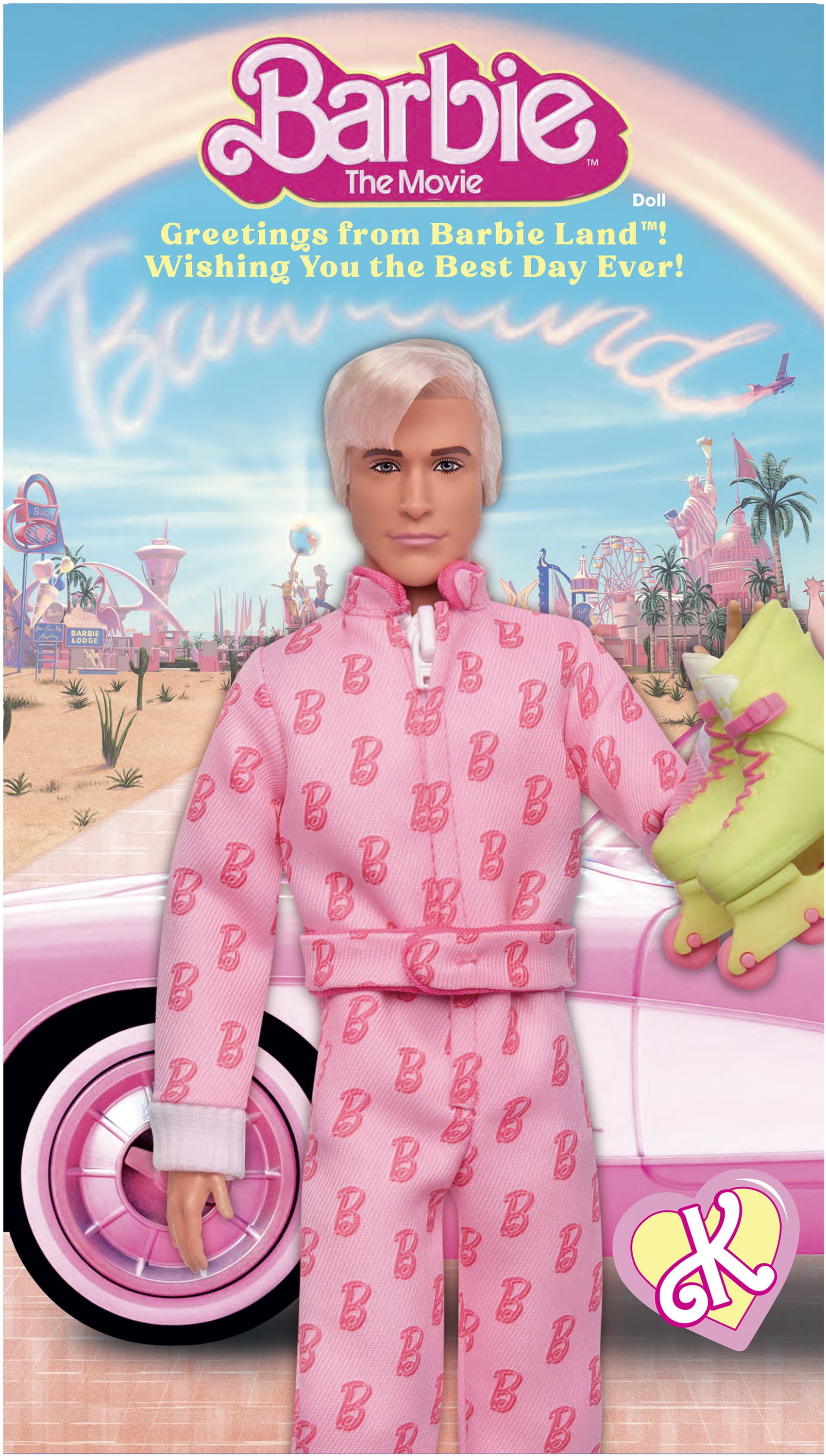 Barbie The Movie Ken Collectible Doll, Ryan Gosling as Ken Wearing Pink Jumpsuit with “B” Detail