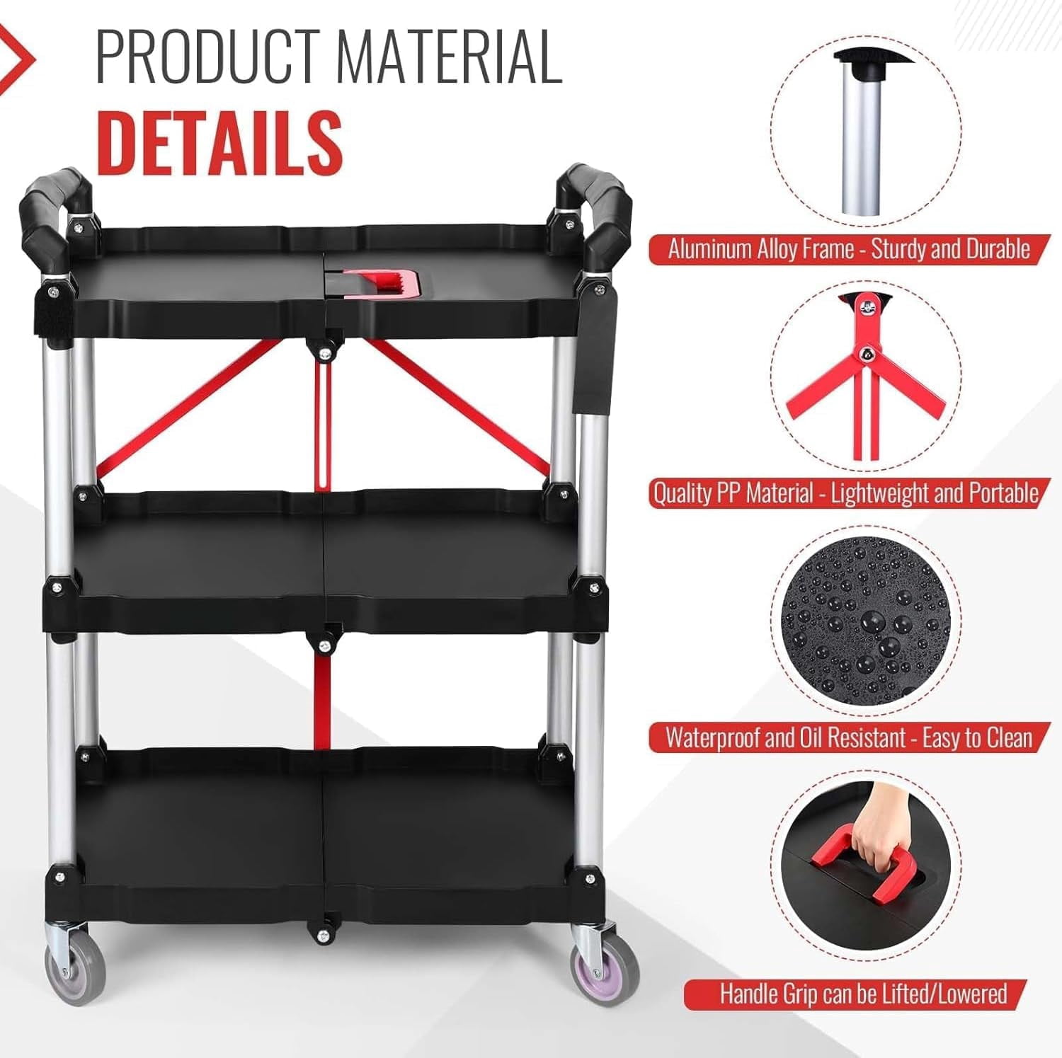Folding Service Cart Heavy Duty 176 LBS w/ 360° Swivel Wheels Ergonomic Red Handle Foldable Utility Cart for Office Garage Home Kitchen Storage Collapsible Tool Cart
