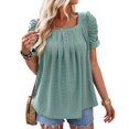 thumbnail image 3 of Women'S Hollow Pleated Short Sleeves Square Neck Casual Loose Solid Color Knit T Shirts Tops Blouses Bean Green XL, 3 of 9