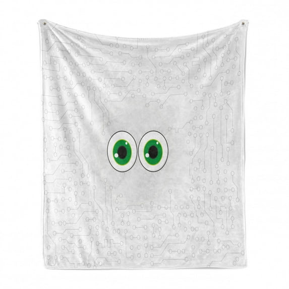 Trippy Soft Flannel Fleece Blanket, High-Tech Hardware Circuit Board Backdrop with Eye Forms Digital Picture, Cozy Plush for Indoor and Outdoor Use, 60" x 80", Pearl Black Jade Green, by Ambesonne