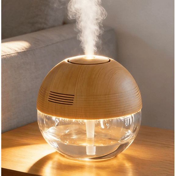Wood Grain Transparent Water Tank Ultrasonic Humidifier, Quiet Fine Mist Desktop Humidifier with Warm Night Light for Bedroom Office