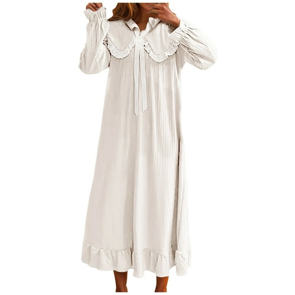 Lcziwo Womens Victorian Nightgown Ruffle Lace Doll Collar Nightdress Long Sleeve Long Vintage Y2K Loungewear White,M
