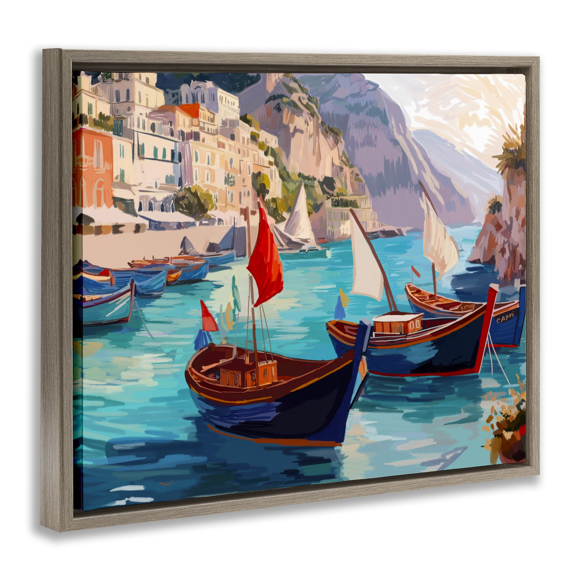 Stupell Industries Capri Boat Marina View Nautical & Beach Painting Brown Floater Framed Canvas Art Print Wall Art, 21 x 17