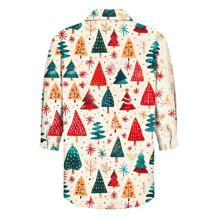 christmas dress shirts women LEKWK Christmas Dress Shirts for Women Merry Xmas Crew Neck 3/4 Sleeve Tops Hawaiian Christmas Shirts for Women Cute Womens Christmas Outfit