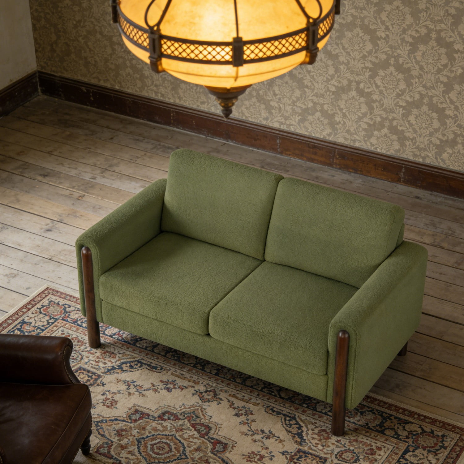 Mid Century Modern 2 Seater Loveseat Sofa Teddy Fabric Upholstered Couch with Walnut Legs and Back Pillows for Living Room Bedroom Office, Green