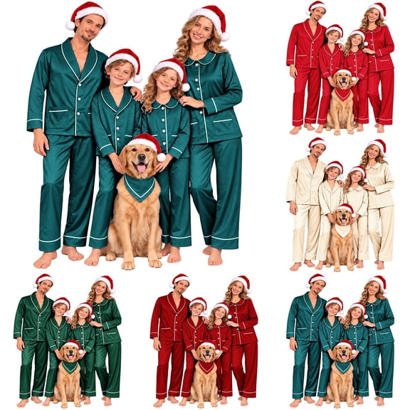 Kelon Family Christmas Pajamas, Family Christmas Pajamas Matching Sets, Silk Satin Christmas Pajamas for Family with Dog Bandana, Matching Christmas Pajamas for Couples, Christmas Pjs for Family