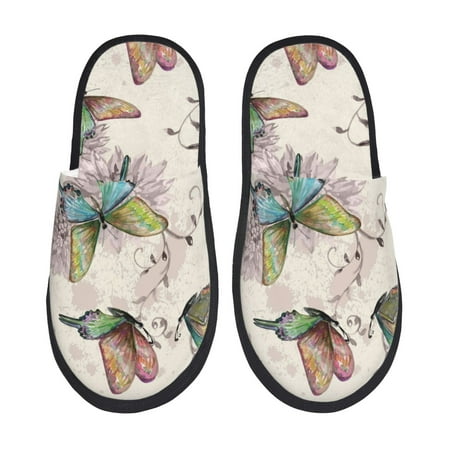 Balery Flying Butterflies-1 Slient Indoor Furry Fleece Comfort House Shoes Soft Non-Slip Home Shoes Cotton slippers House Slippers-- Large