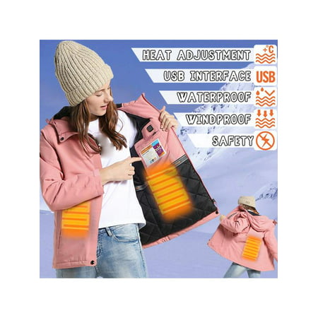 Woman Pink Electronic Jacket Intelligent Adjustable Temperature Heating USB Hooded Waterproof Coat For Outdoor Skiing Skating Keep