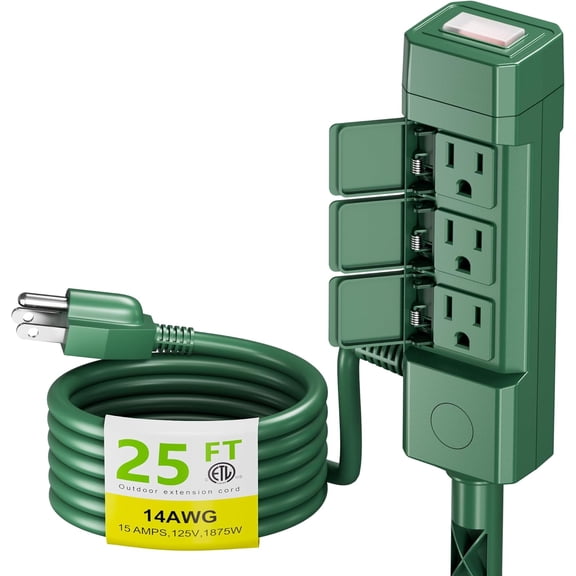 25ft Outdoor Extension Cord Waterproof with Power Stake, 6 Outlets Power Strip Weatherproof, 14/3 SJTW Heavy Duty Power Cord for String Lights & Christmas Decorations, ETL