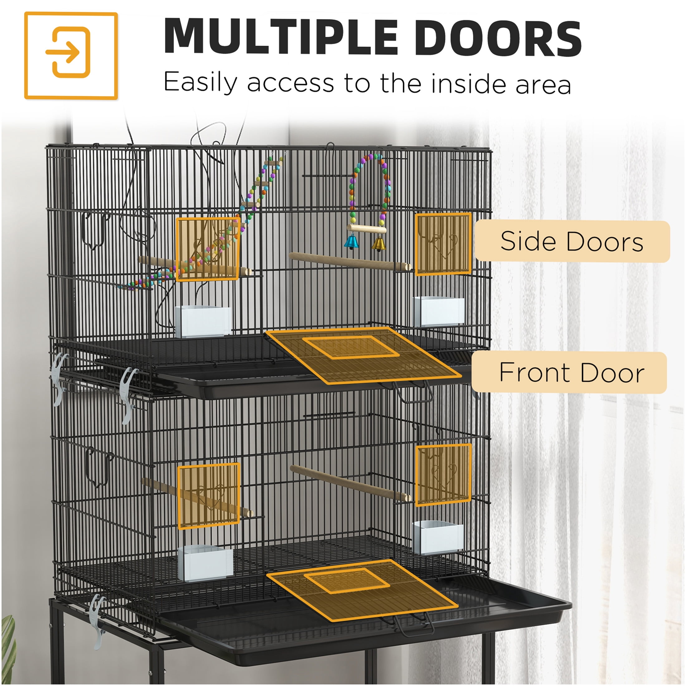 JERFIT 64.5" Double Stack Bird Cage with Stand on Wheels, Black Steel Aviary for Small Birds, Finches, Budgies, Parakeets