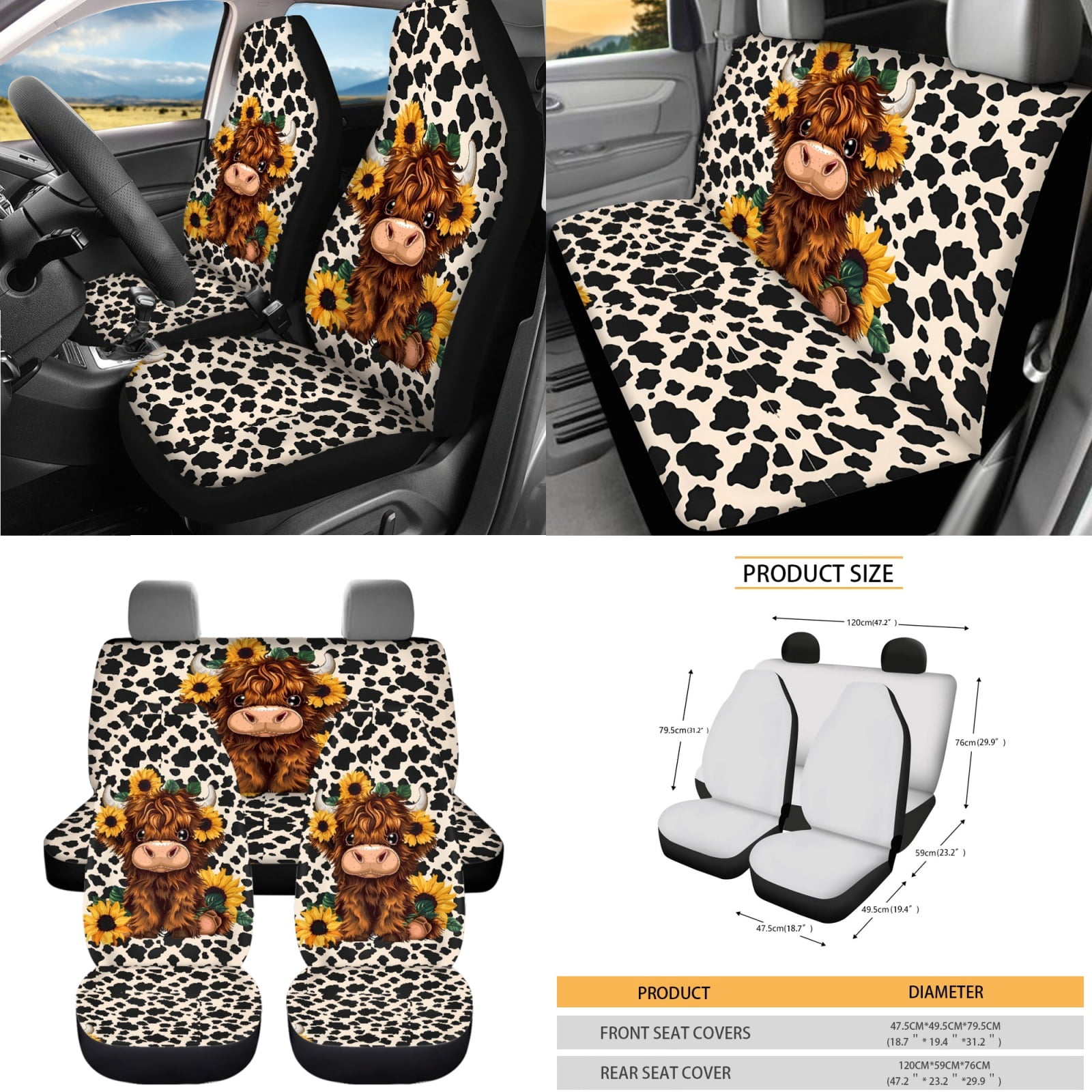 Yuyamidu Highland Cow Car Seat Cover Set of 15 Cow Print Steering Wheel Cover Sunflower Seat Belt Pads Garbage Bag Air Vent Pocket Rearview Mirror Cover Cute Car Coasters Keychain