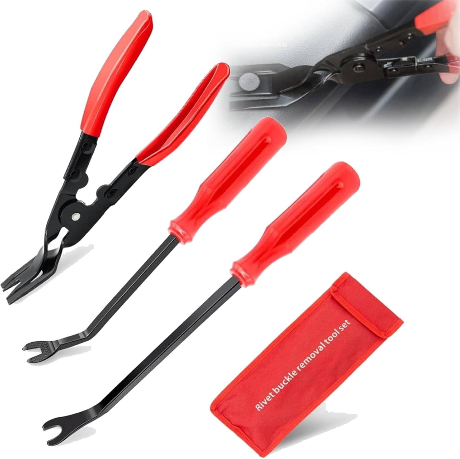 Ensemble de Pinces à Clip Auto 3 Pcs et Détachant, Outil de Réparation de Rivets de Garniture de Voiture avec Sac de Rangement pour Panneau de Porte Automobile, Rembourrage, Tableau de Bord, Attaches en Plastique