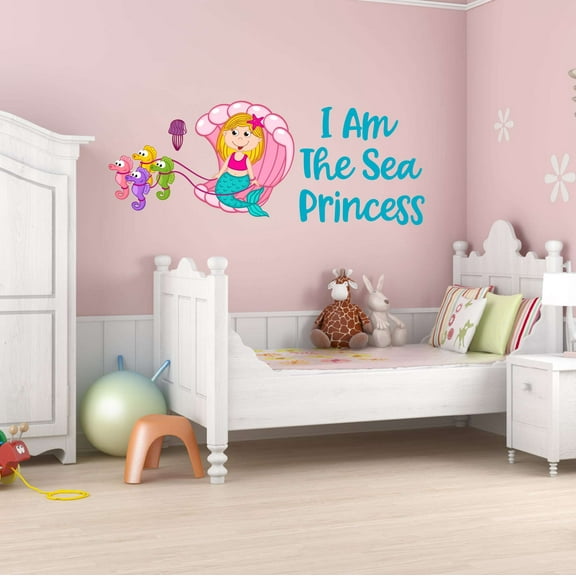 I Am The Sea Princess Mermaid Half Shell Seahorse Sled Statfish Princess Fish Starfish Queen Sweet Dreams Bedtime Unicorn Lovely Dear Dream Holiday Decorating Wall Decal Sticker - Size: 40 In X 16 In