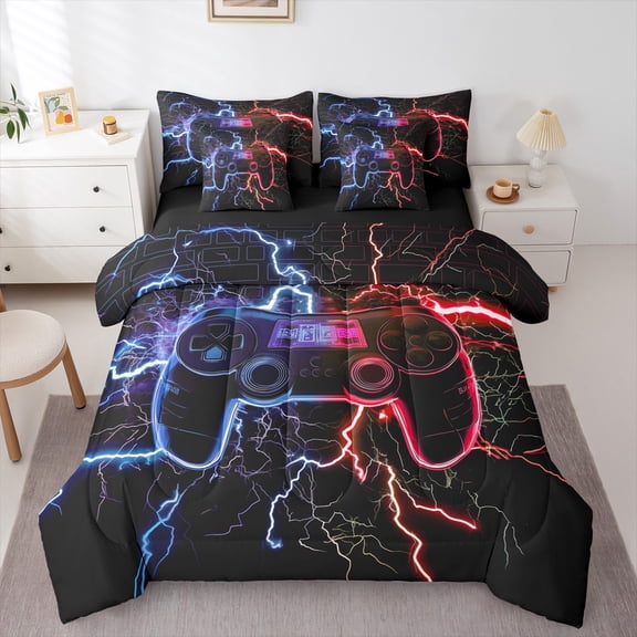 Erosebridal Teens Gamepad Bedding, Futuristic Lightning Bed in a Bag, Blue Red Reversible Bed Set, Ultra Soft Room Decoration, 7pcs