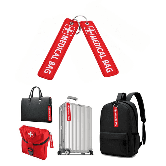 MODANU 2 Pack Medical Alert Bag Tag, Red Embroidered Emergency ID Label for Luggage (5.1x1.81 Inch) for CPAP Supplies Travel Accessories