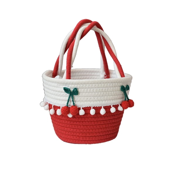 AURIGATE Easter Cute Cherry Decor Cotton Woven Basket, Red & White Easter Storage Basket with Handle, Portable Gift & Treat Bag for Picnic, Party Favor & Home Organization