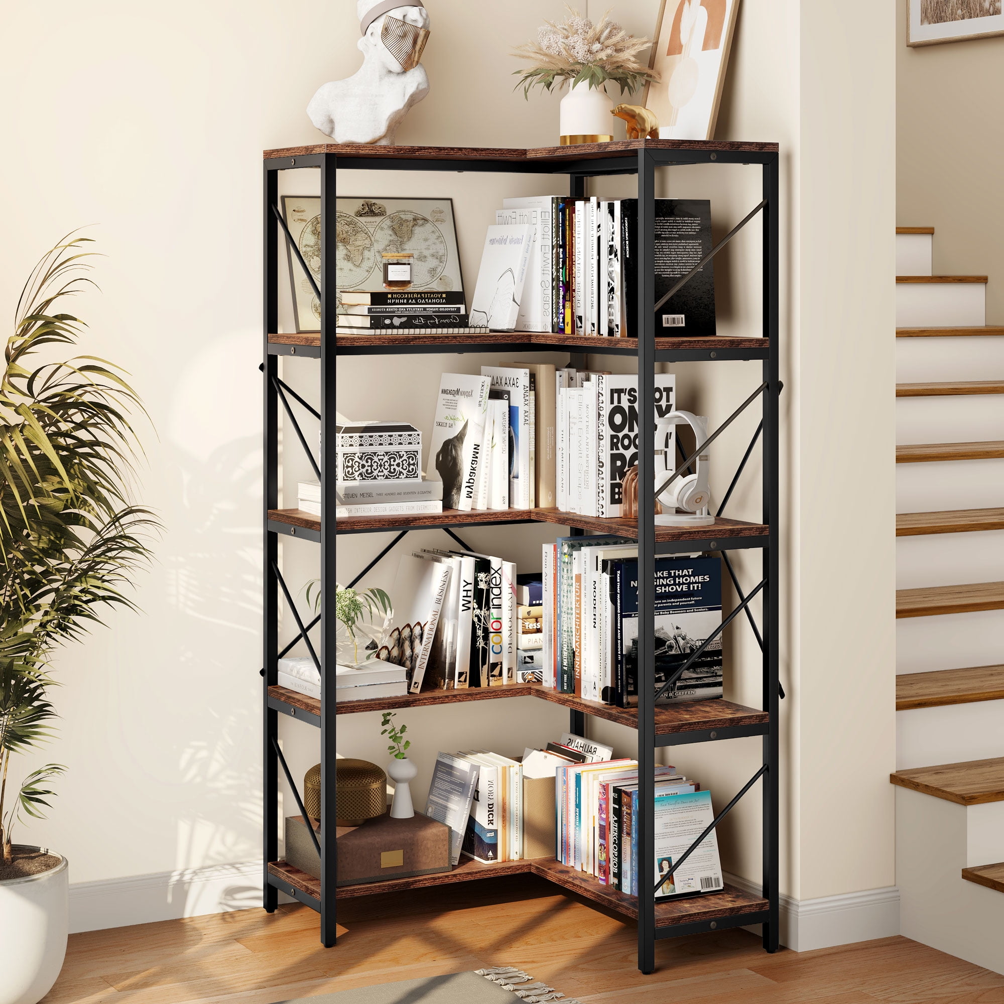 Dextrus 5-Tier L-Shaped Bookcase Storage Organizer, Tall Corner Bookshelf Open Display Freestanding Storage, Brown