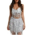 thumbnail image 2 of 2 Piece Skirt Sets for Women Belly Dance Performance Jazz Sleeveless Solid Tassel Top Skirt Suit Womens Summer Outfits Silver L, 2 of 4