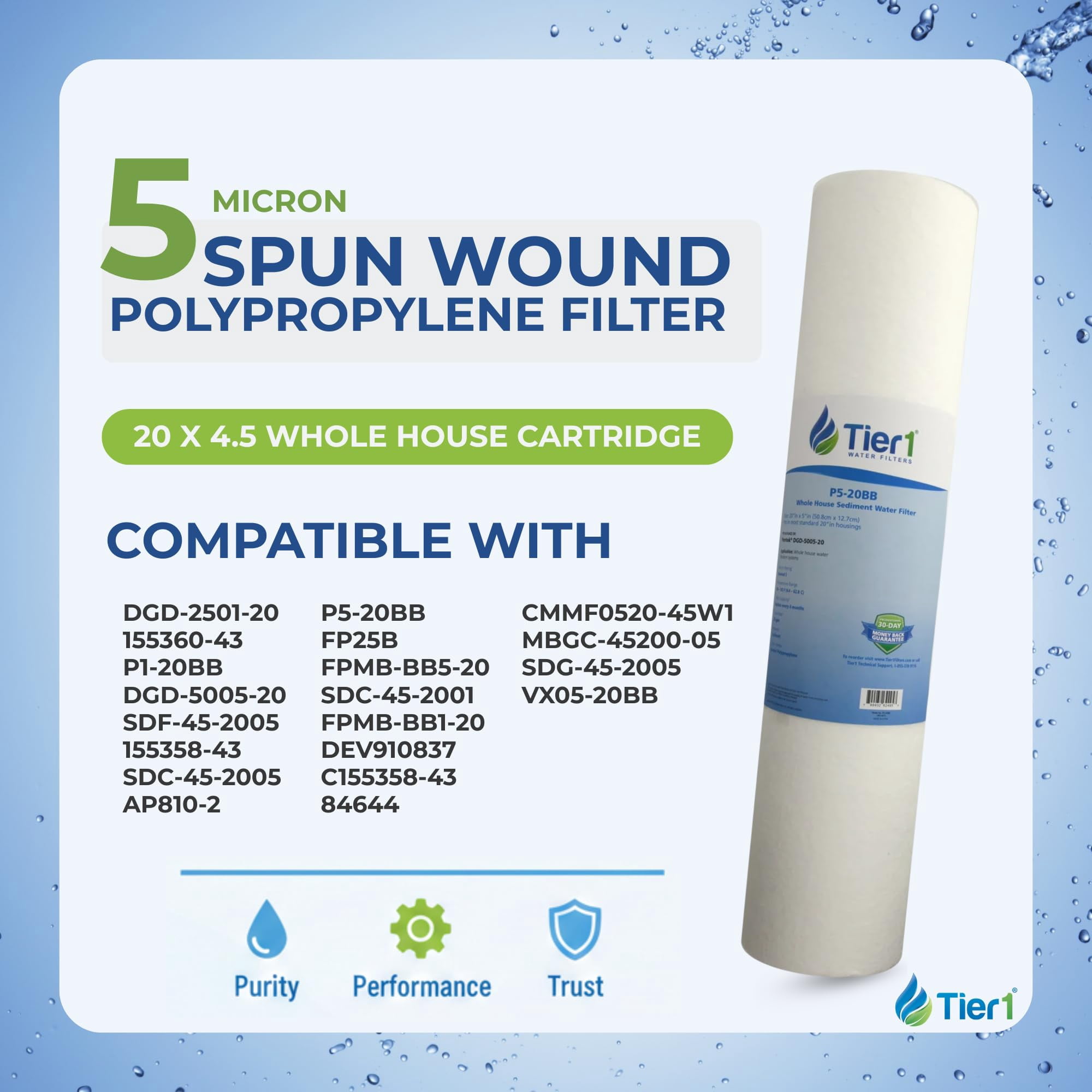 Tier1 5 Micron 20x2.5 Water Filter | Spun Wound Polypropylene Whole House Sediment Cartridge | Replacement for Pentek P5-20, 155016-43, SDF-25-2005 | 2.5 x 20 P5-20 Water Filter (3-Pack)