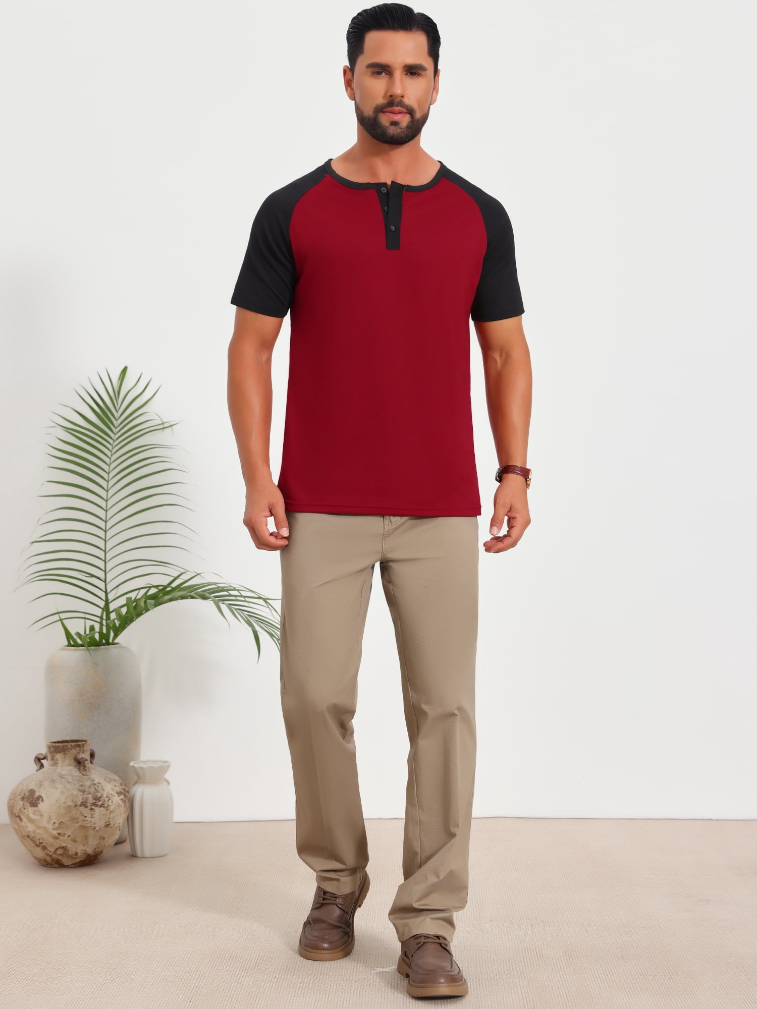 DARING DIVA Men's Henley Button Down Color Block Short Sleeve T-Shirt XL Burgundy