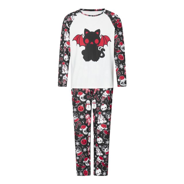 Argulvti Pyjama d'Halloween pour la Famille, Mignon Imprimé de Chat Noir, Haut Raglan à Manches Longues + Ensemble Pantalon, Tenue de Nuit d'Automne