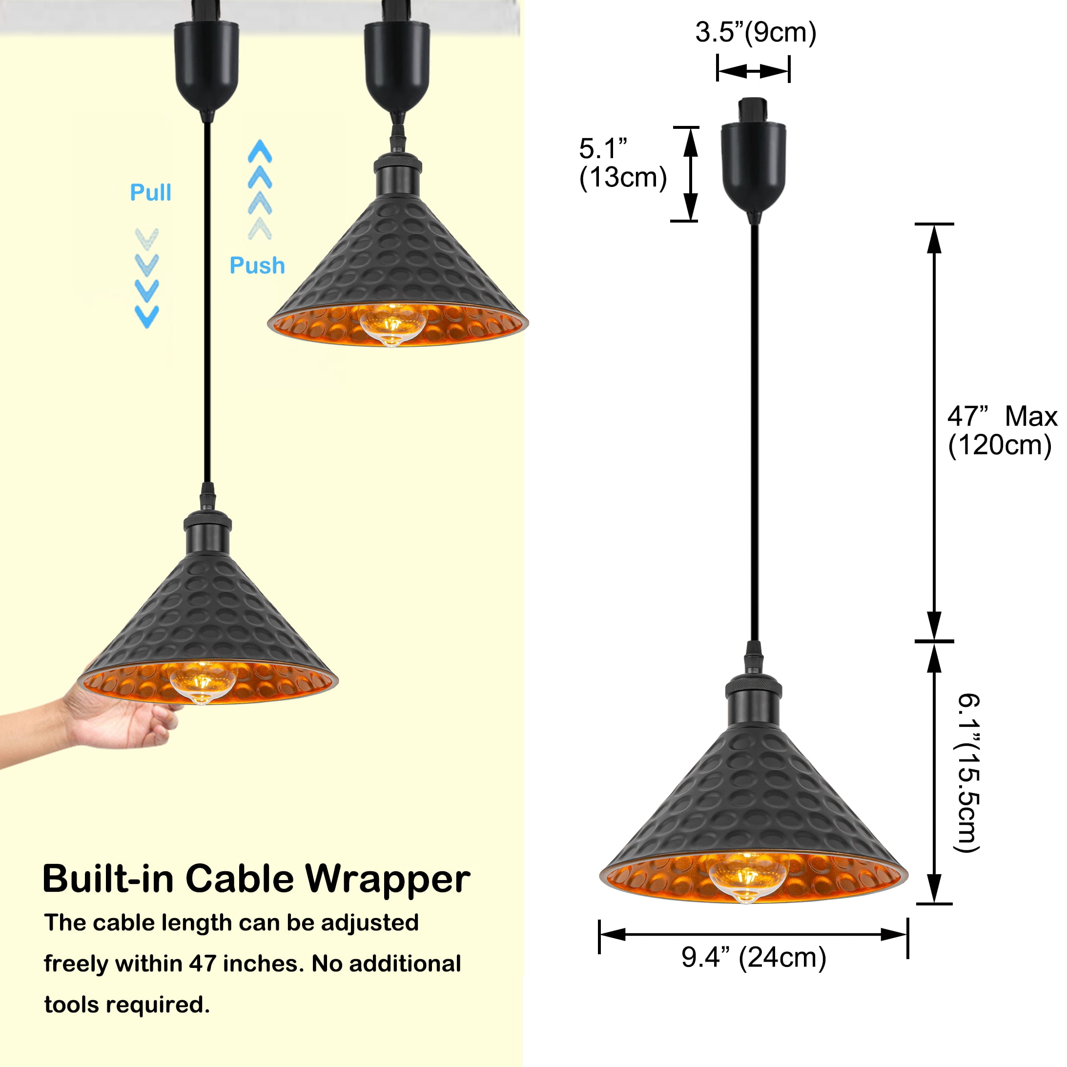 Kiven H-Type Track Lighting, 3-Light Modern Halo Track Pendant Light with Built-in Cable Wrapper, H Track Light Pedant Adjustable Length for Kitchen Shop,Black Finish, Gold Innner