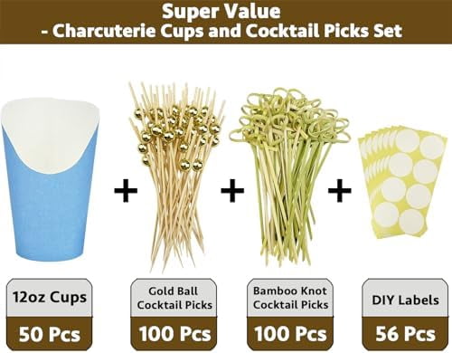 50 Charcuterie Cups + 200 Cocktail Picks + 56 Labels, 12 oz Disposable Charcuterie Cups with Sticks (2 Types), French Fry Cup Blue Paper Appetizer Cup for all Occasions (Blue)