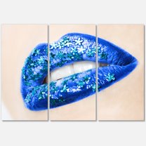 Designart ' Beautiful Woman Lips Blue With Flowers ' Modern Canvas Wall Art Print