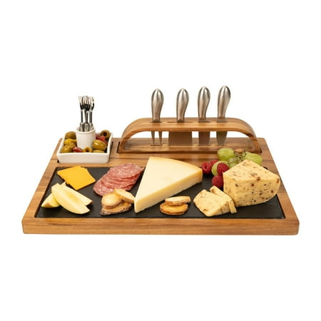 Gold Natural Wood Cheese Board - Zelancio Slate Cheese Board I 12 Piece Set Includes 4 Stainless Steel Cheese Knives, Bigger Acacia Serving Tray with Slate Board, and Wood Tool Holder