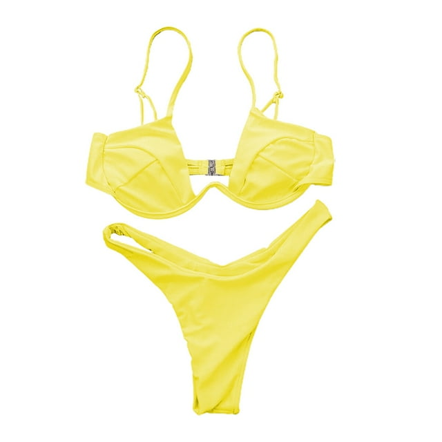 ENJOYW Sexy Women Solid Color Swimsuit Underwired Bra G-string Briefs Beach Bikini SetNylon, Polyester