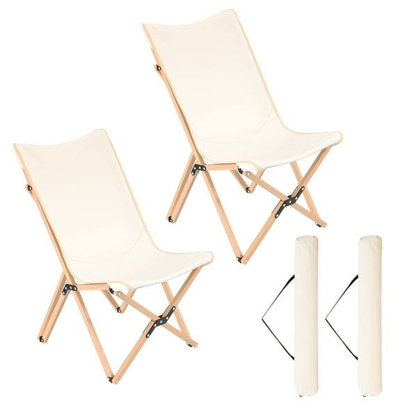 Costway Bamboo Butterfly Folding Chair Set of 2 with Storage Pocket 330 LBS Capacity Beige