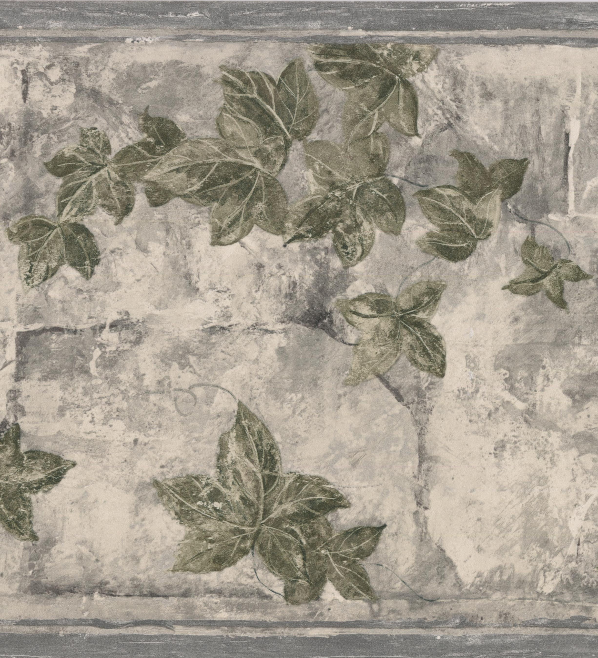Green Leaves on Branches Floral Grey Wallpaper Border Retro Design
