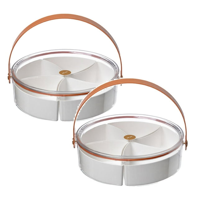 2PC Stainless Steel Cutlery Set Divided Serving Tray With Lid And Handle Portable Snack Tray With Lid Snackle Box Charcuterie Container Snack Platters Organizer For Candy Fruits Snacks White