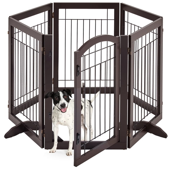 Yaheetech 32.5" Freestanding 6-Panel Foldable Pet Gate with Support Feet, Espresso