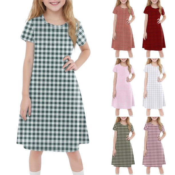 Girls 2025 Summer Dresses Classic Checkered A-Line Dress Soft Short Sleeve Perfect for Casual and Special Occasions ,Sie:140