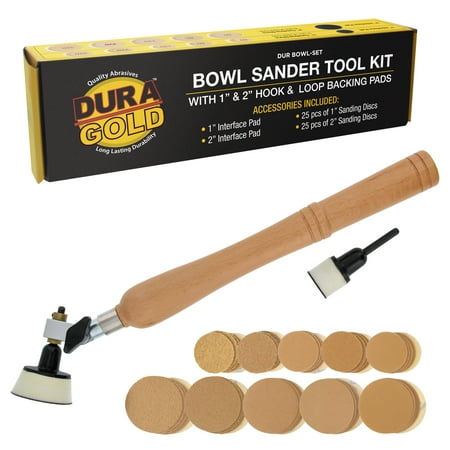 

Dura-Gold Bowl Sander Tool Kit with 1 & 2 Hook & Loop Backing Pads 50 Sanding Discs - Dual Bearing Head Hardwood Handle 1/4 Mandrel - 60 80 120 220 320 Grit Sandpaper - Sand Wood Woodworking