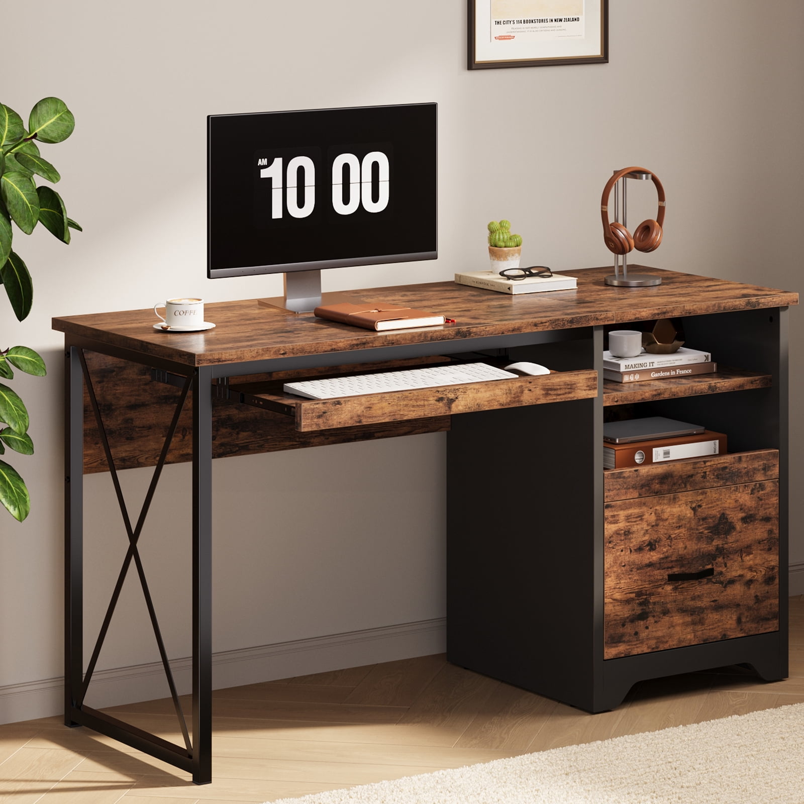 Bestier 47 inch Computer Desk with Storage File Drawer & Keyboard Tray, Home Office Writing Desk Work Study Table for Small Space, Rustic Brown