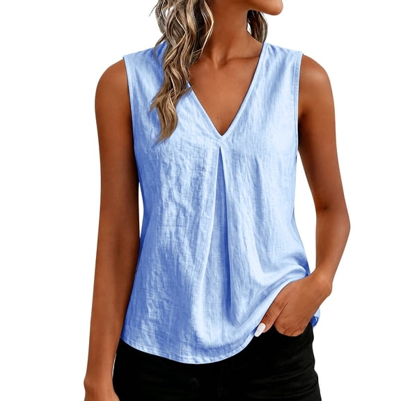 GZWYHT Women V Neck Tank Tops Summer Sleeveless Tunic Casual Basic Shirts True Classic Tees Cute Trendy Clothes Blue L