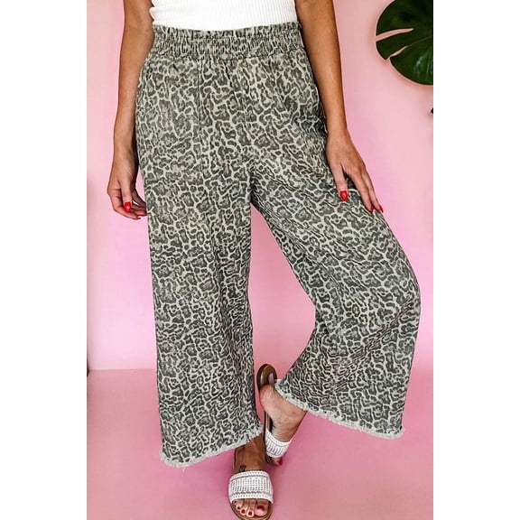 I AM A FASHION JUNKY Brown Leopard Print Raw Hem Elastic Waist Loose Pull On Jeans