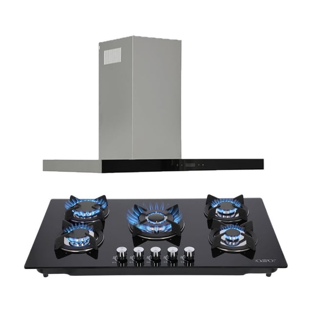 Parrilla Cristal Templado Negro 87cm 5q ODIPO Campana Pared y Parrilla Empotrable Gas