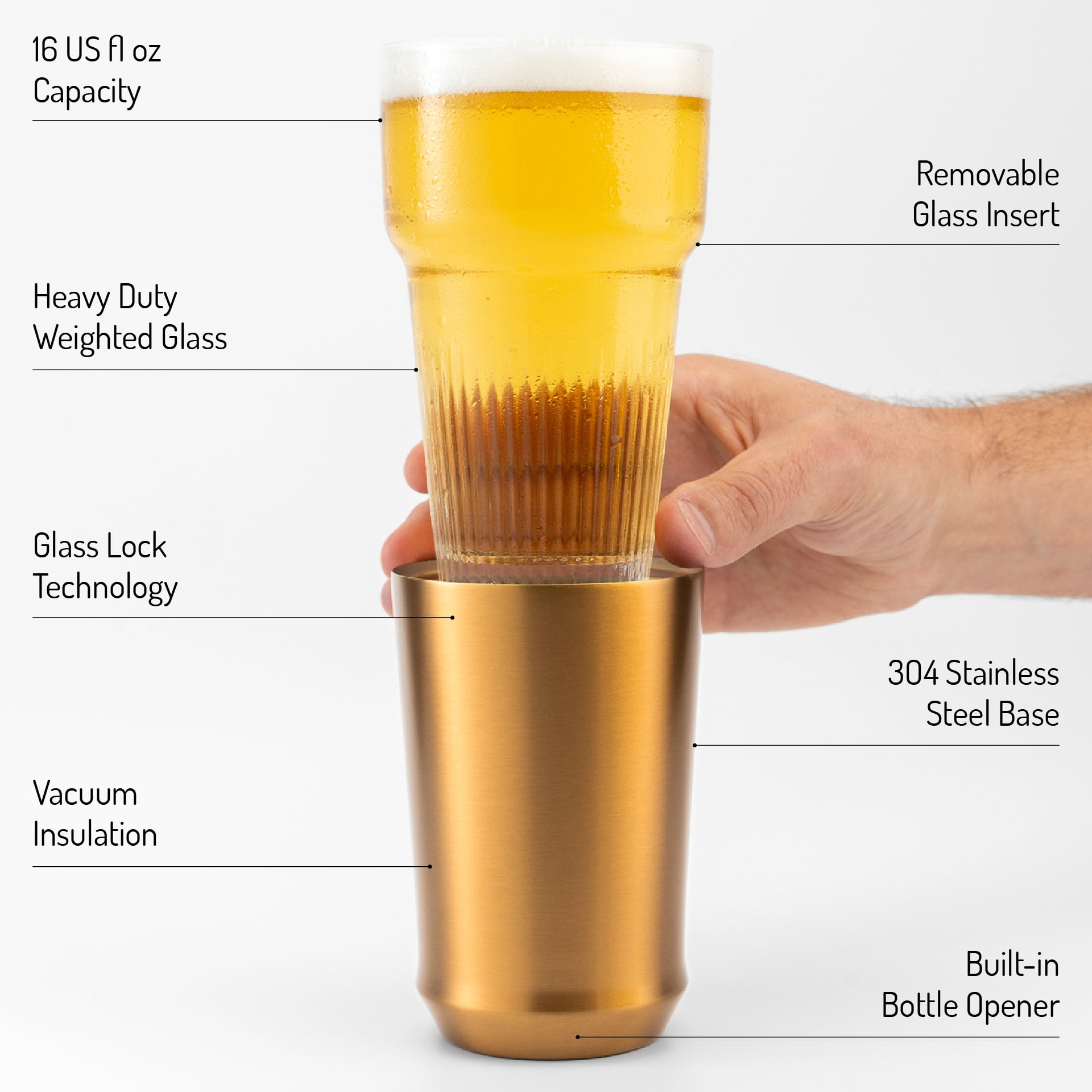 Elevated Craft Hybrid Vacuum Insulated Stainless Steel Base with Removable Pint Glass Insert, Ideal Insulation for Beers & Cold Beverages with Built-in Bottle Opener, Brushed Copper (16 oz)